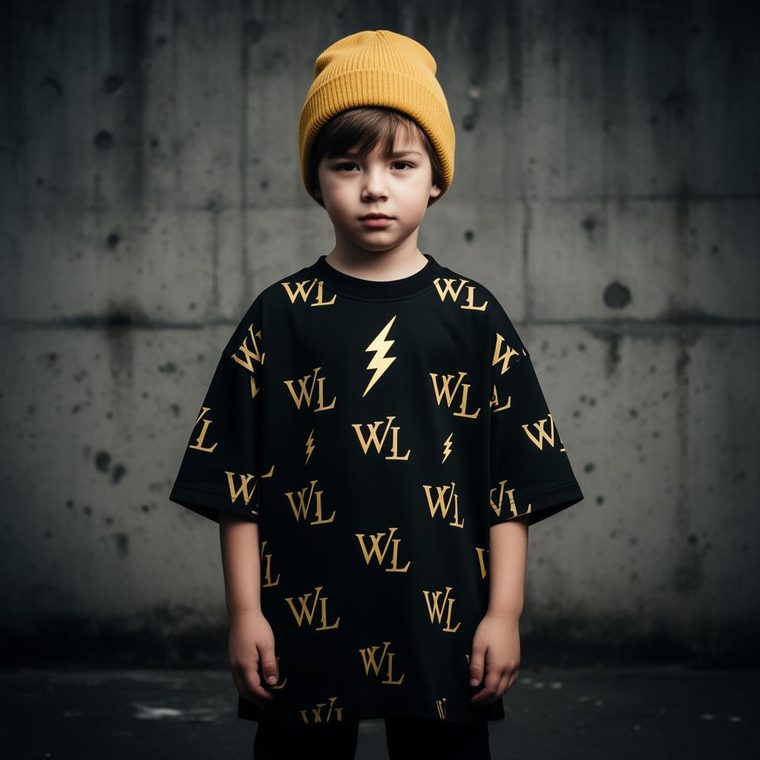 Boy in yellow beanie wearing black Wild Littles monogram tee