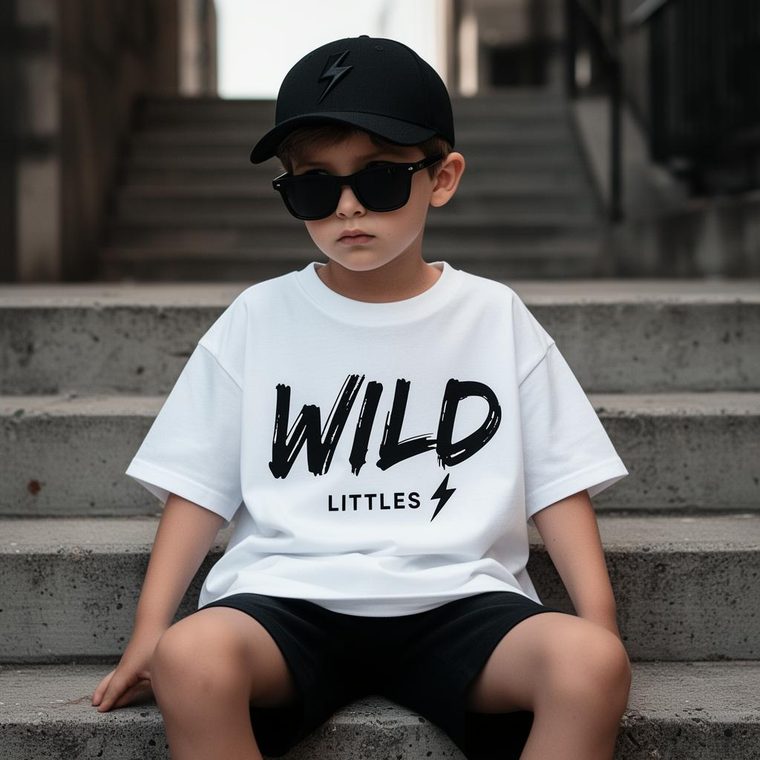 Boy in sunglasses wearing white Wild Littles monogram tee