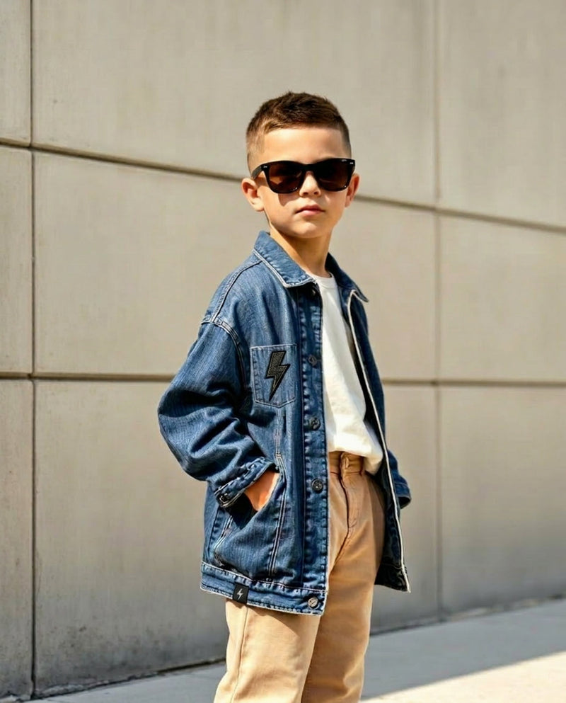 Boy wearing Wild Littles denim jacket