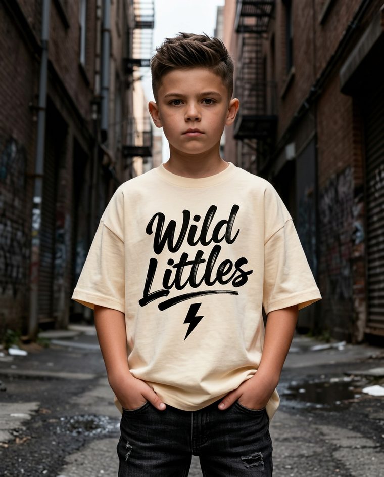 Boy in cream Wild Littles monogram tee in urban alley