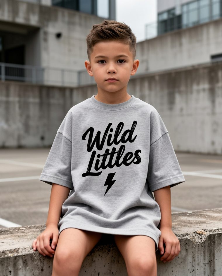Kid in full Wild Littles streetwear set with cap