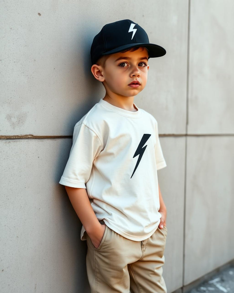 Boy in black bolt cap and cream tee on concrete wall