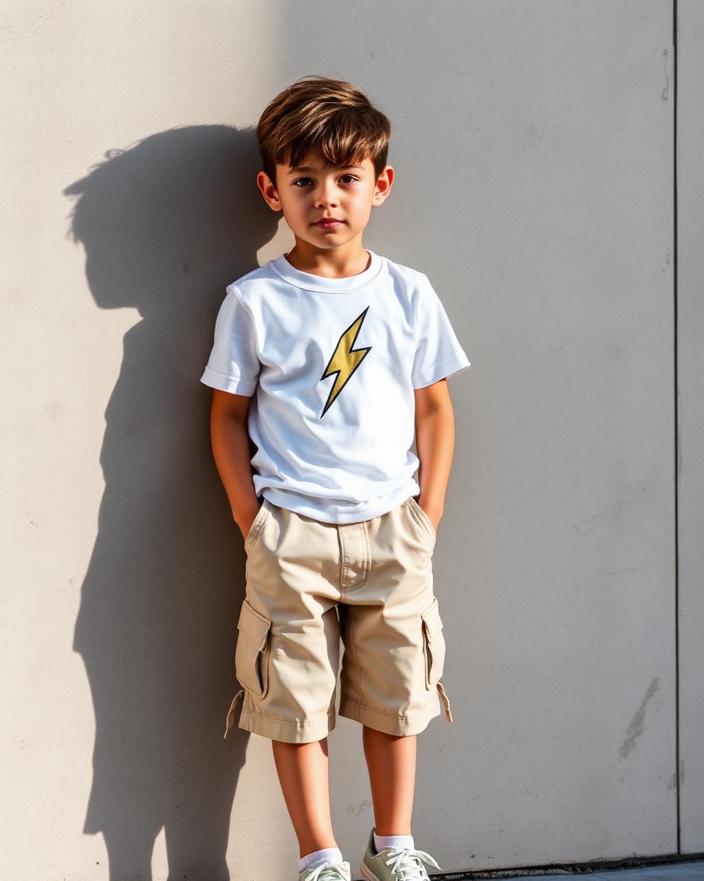 Boy in white bolt tee and beige cargo shorts on concrete wall