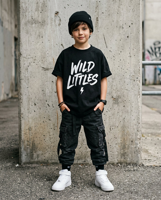 Kid wearing oversized black Wild Littles Core Logo Tee with brush-script graphic and lightning bolt