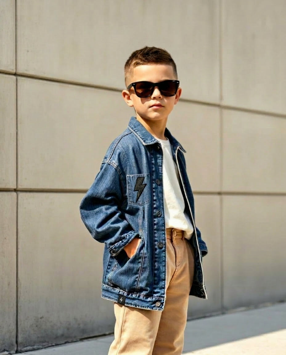 Boy wearing Wild Littles denim jacket