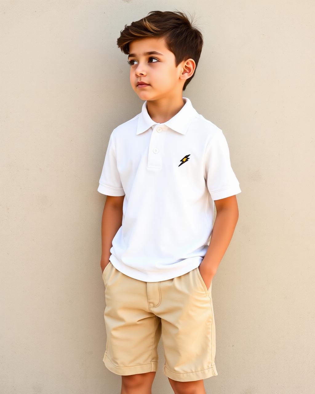 Boy in white Bolt Polo with beige chino shorts on concrete wall