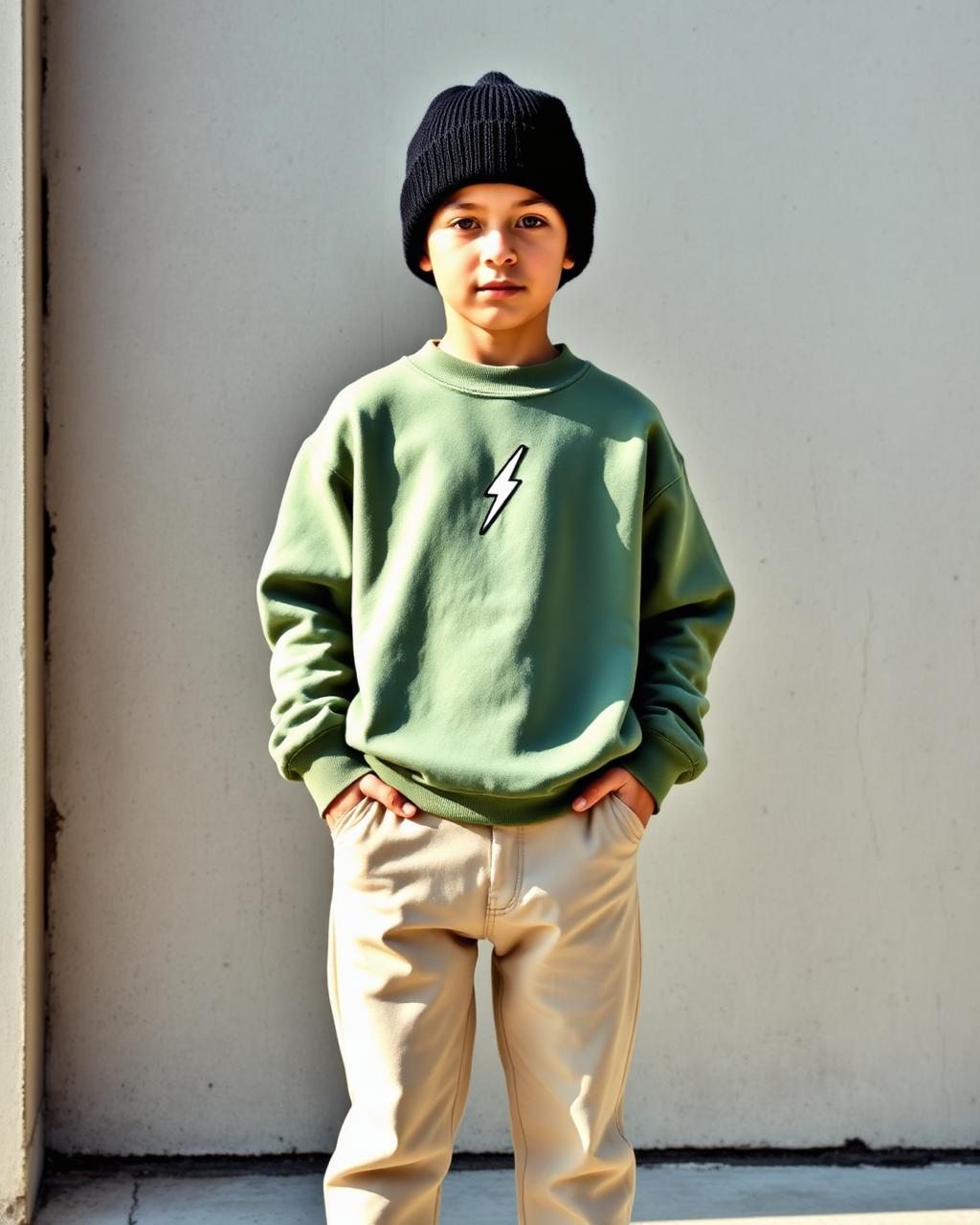 Boy in sage green crewneck with black beanie on concrete wall