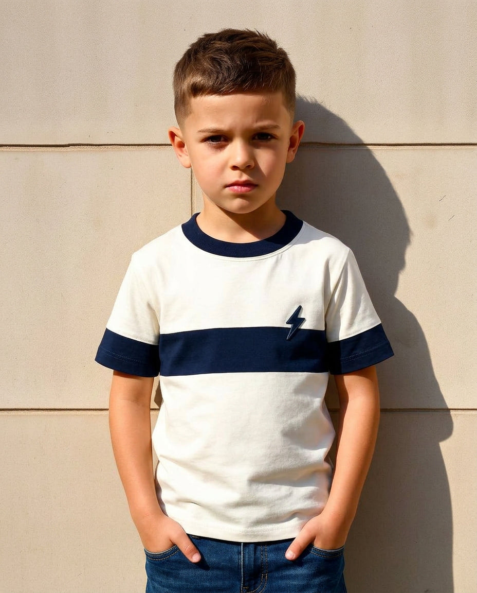 Boy wearing Wild Littles heritage stripe tee
